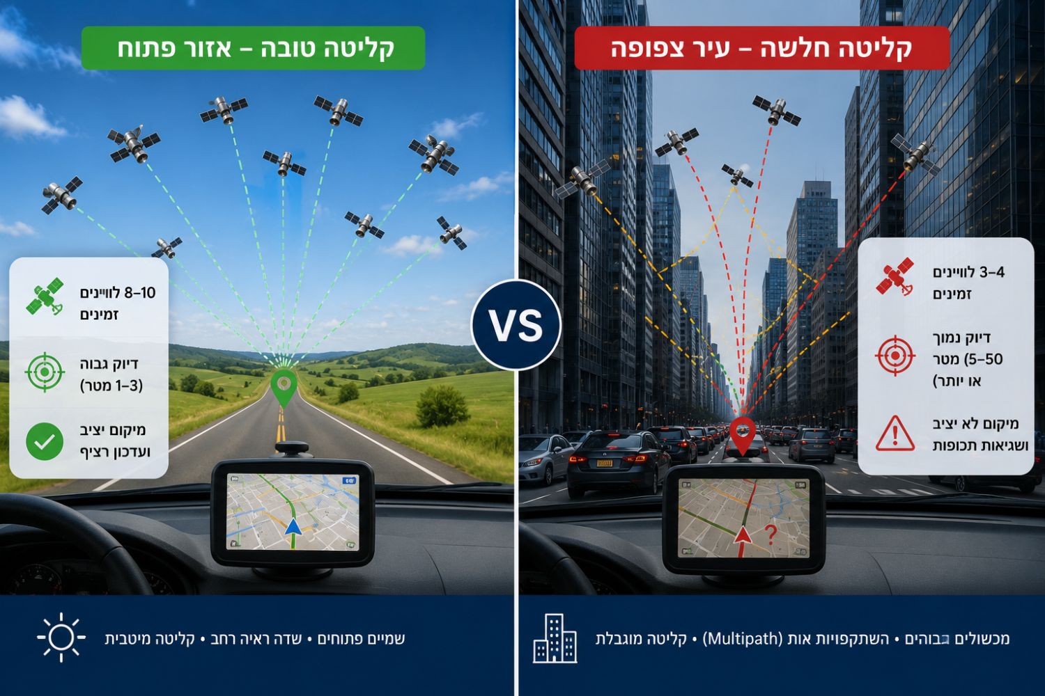 השוואת קליטת GPS: פתוח מול עירוני